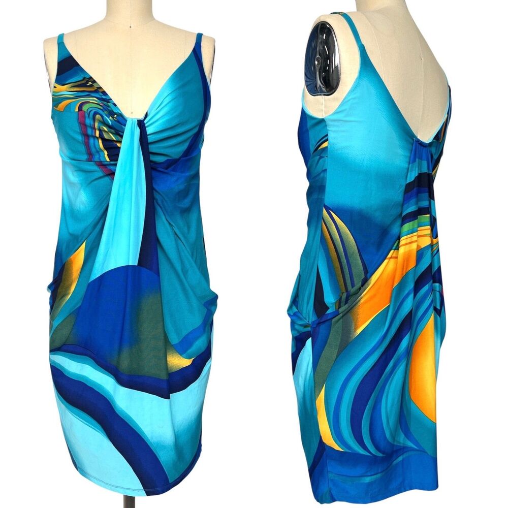 Y2K Carina Abstract Print Cowl Mini Dress Teal Jersey Draped Spaghetti Strap L/M